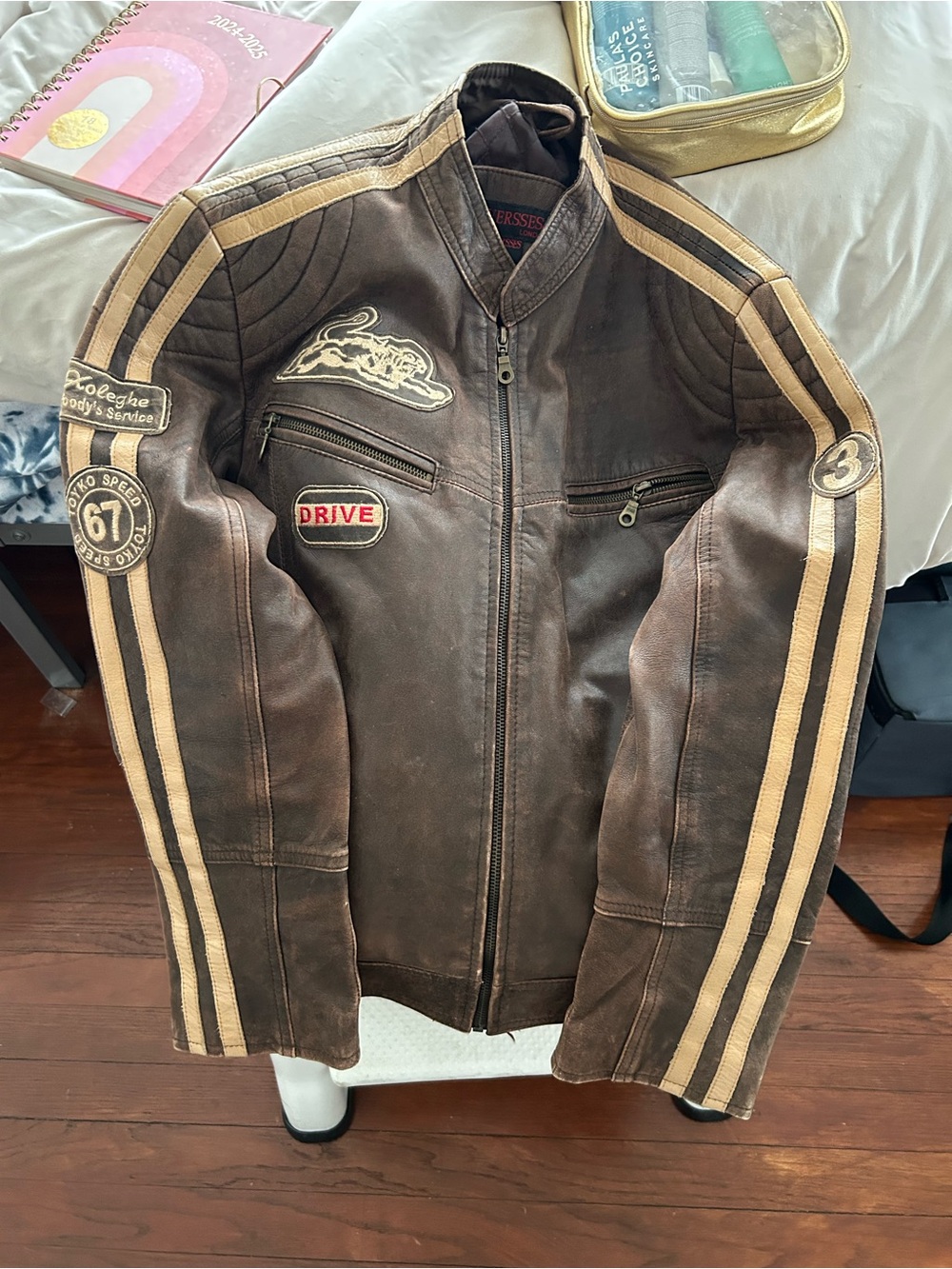 Vintage Style Leather Racing Biker Jacket from brand Aviatrix